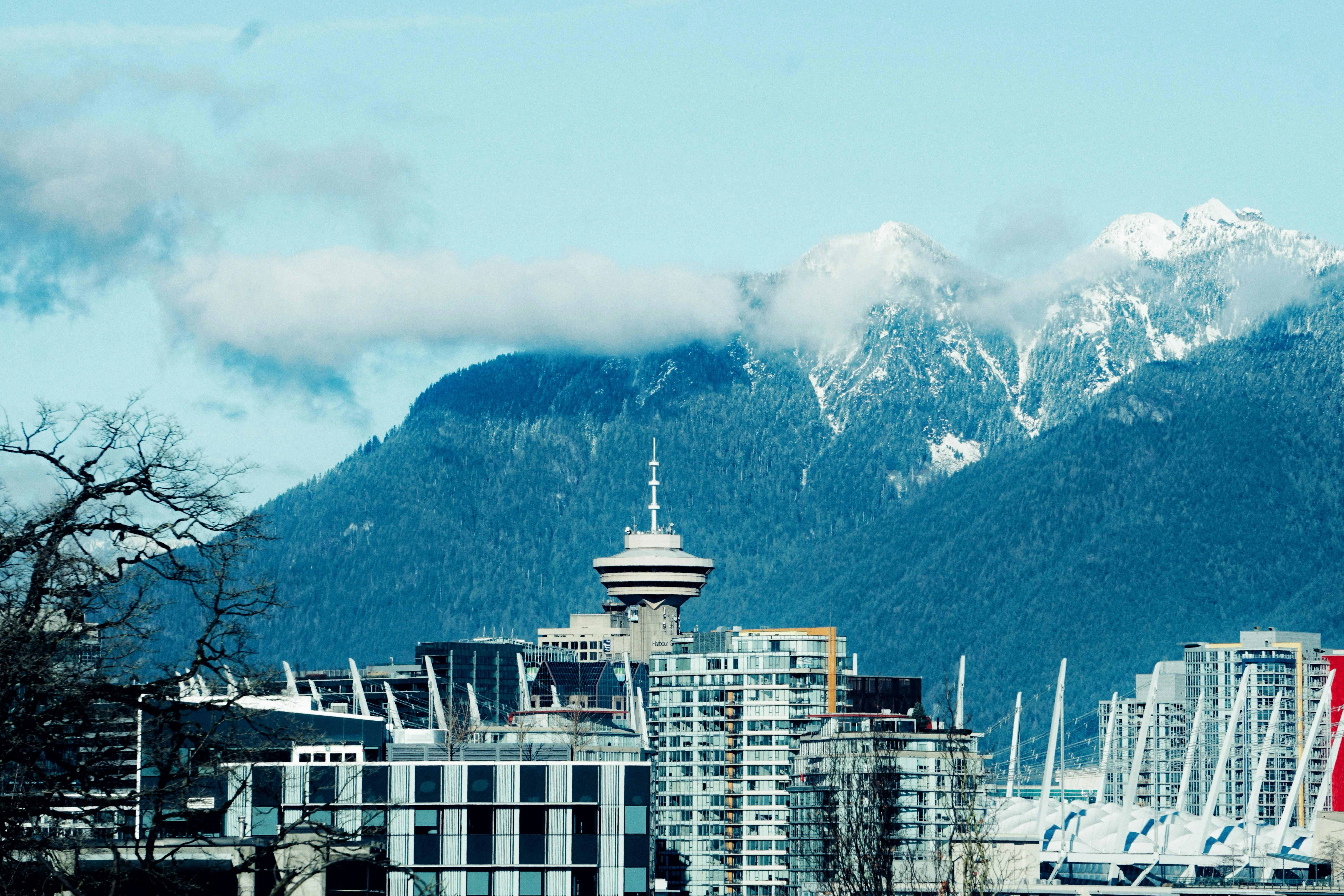 Winter cityscape of Vancouver with snow on the mountains